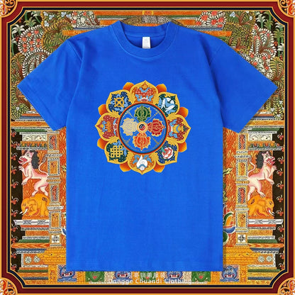 Diamond Pestle Babao New Printed Pure Cotton Mantra Wheel T-Shirt Top, Buddhist Men'S And Women'S High-End Clothing