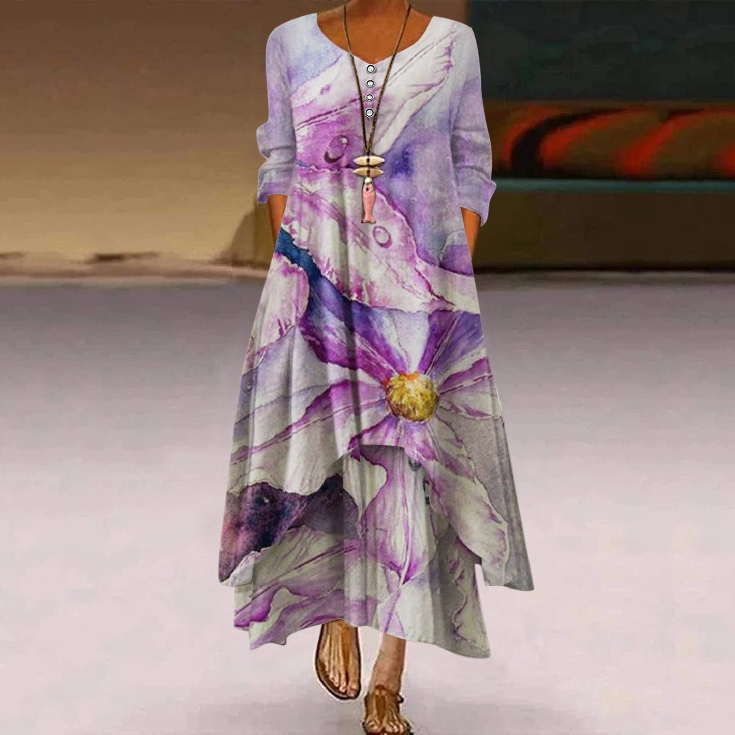 Women'S Pocket Hem Printed Round Neck Irregular Long Sleeve Dress