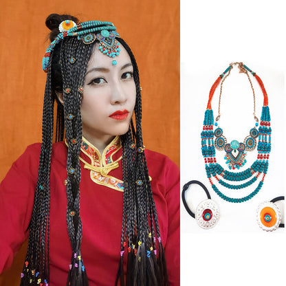 Ethnic Tibetan Hair Ornaments Tiara Headwear Bohemian Blue-Green Multilayer Beaded Pendant Headwear