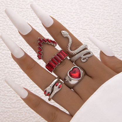 Snake Heart Shaped Gemstone Rings Jewelry Set