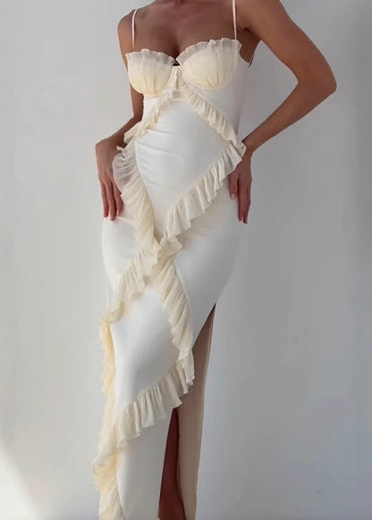 Ruffled Corset Gown With Pleated Cups In Apricot