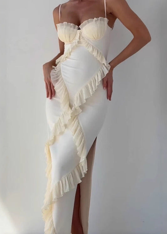 Ruffled Corset Gown With Pleated Cups In Apricot