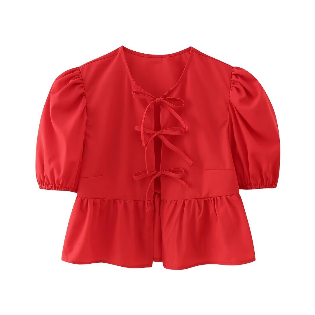 Cute Tie Front Round Neck Pullover Top