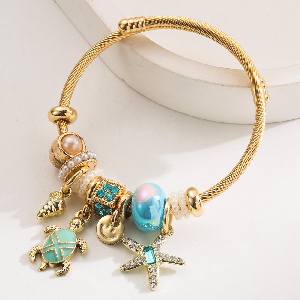 Starfish Turtle Pendant Adjustable Stainless Steel Bracelet