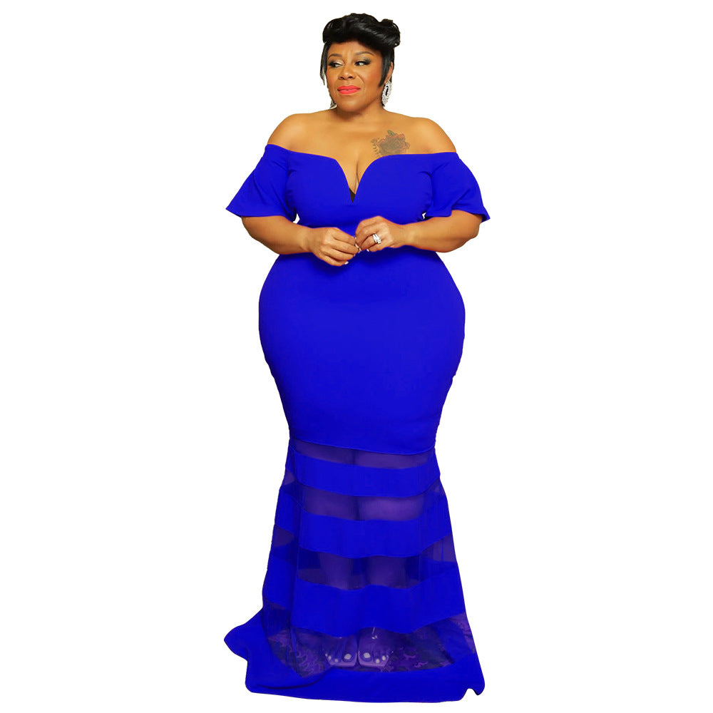 Plus Size V-Neck Sheer Fashion Dress With Flared Sleeves