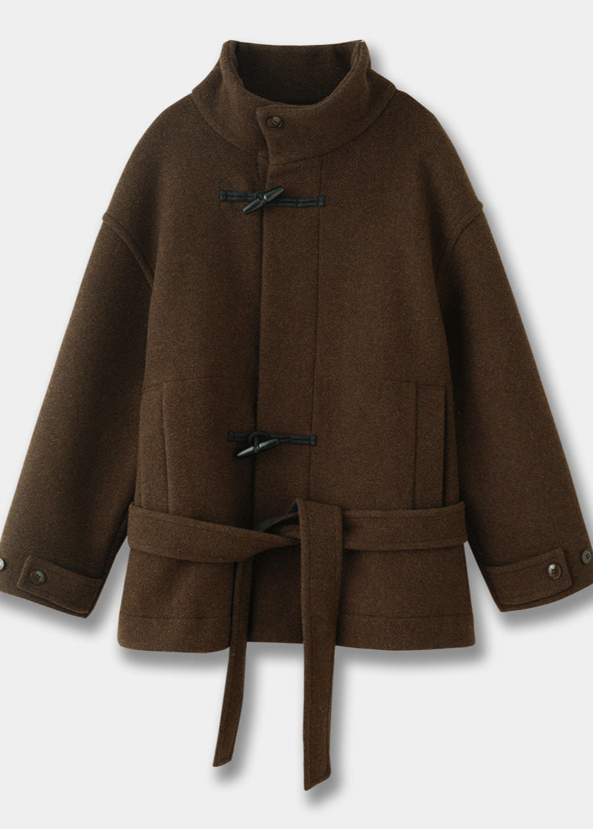 Belted Wool Toggle Coat Dark Brown Tailored