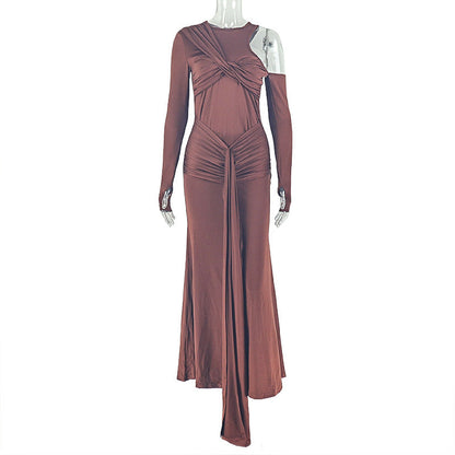 Elegant One-Shoulder Ruched Bodycon Dress In Solid Colors