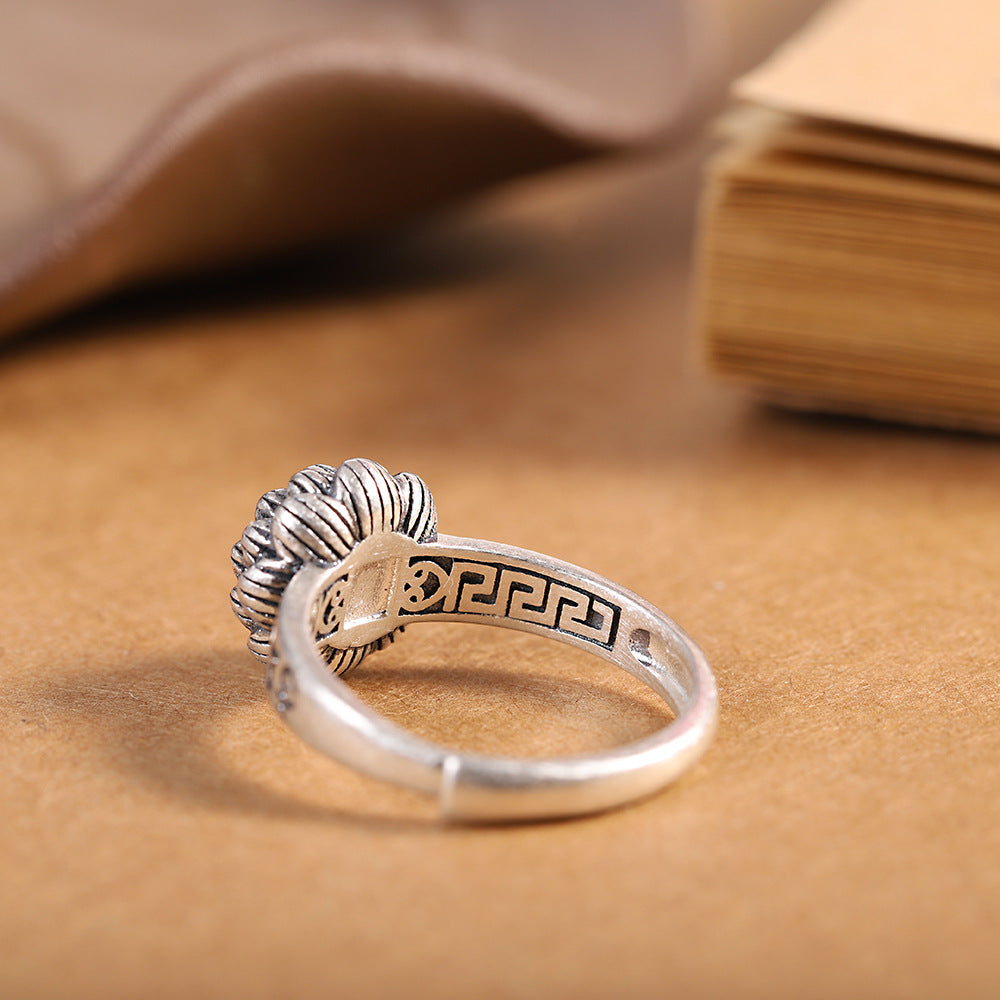 Character Silver S925 Silver Inlaid South Red Agate Eight-Petal Lotus Ring