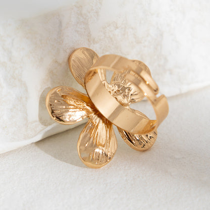 Exaggerated Floral Metal Open Ring With Dripping Oil Design