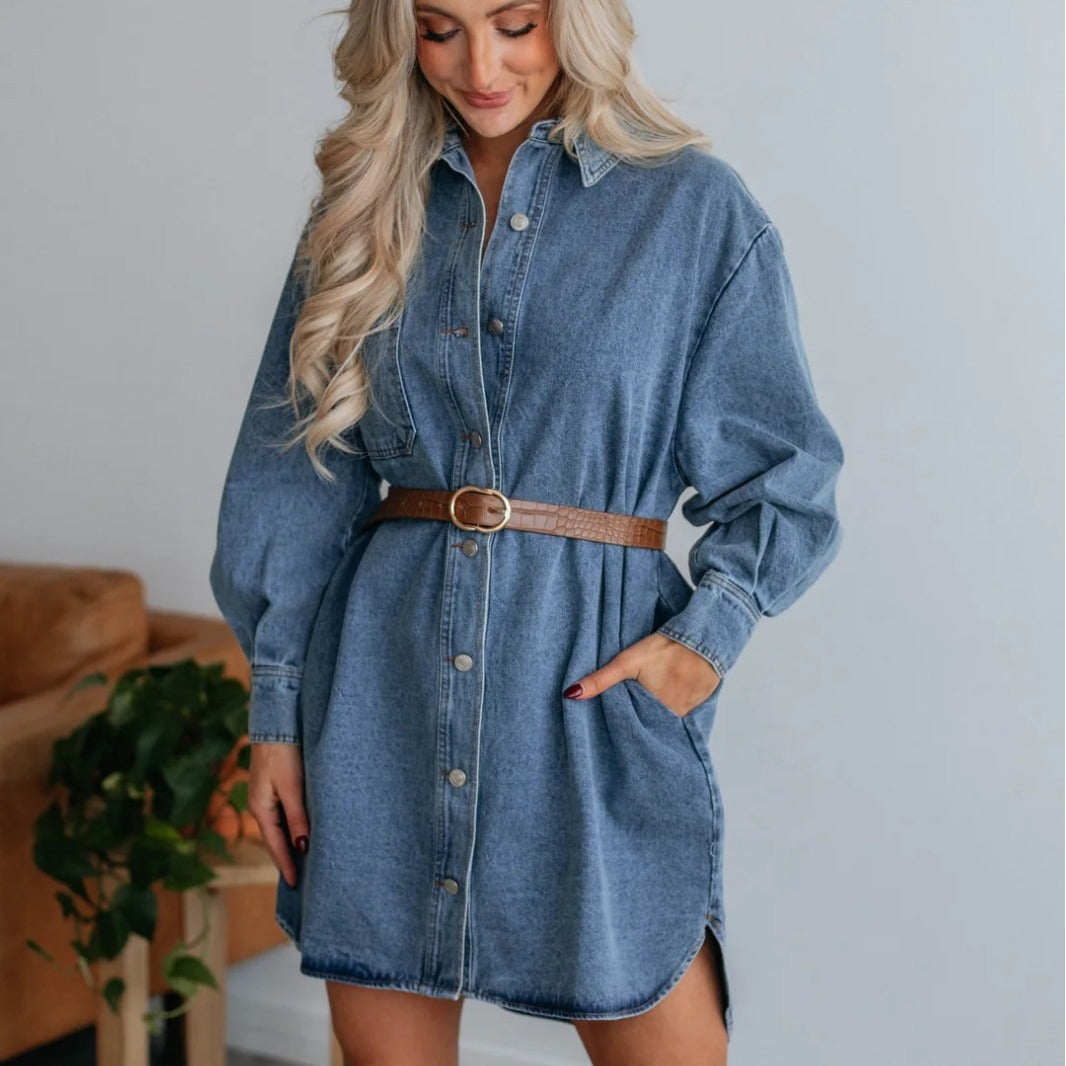 Button Design Slimming Long Sleeve Denim Dress