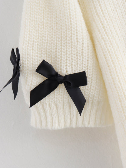 Elegant Crew Neck Bow Decor Sweater Top