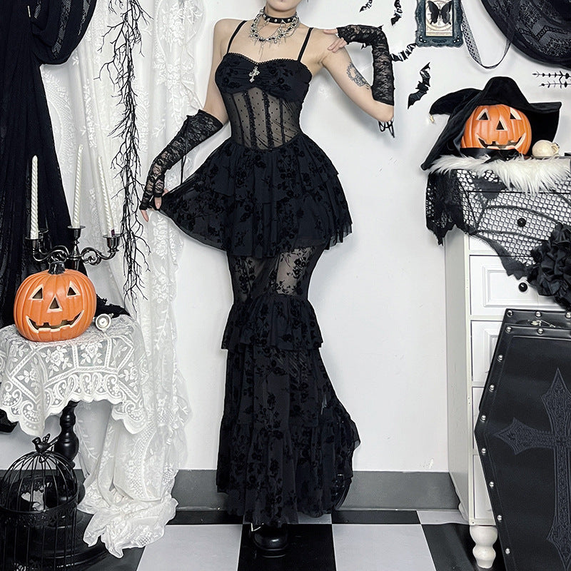 Elegant Black Sheer Maxi Dress with Spaghetti Straps
