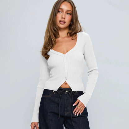 V-Neck Long Sleeve Cardigan Cozy Casual Top