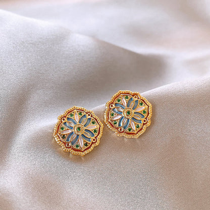 Vintage Gold Enamel Floral Hook Earrings