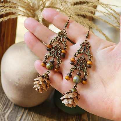Vintage-Inspired Bohemian Hollow Bead Earrings with Natural Dried Fruits