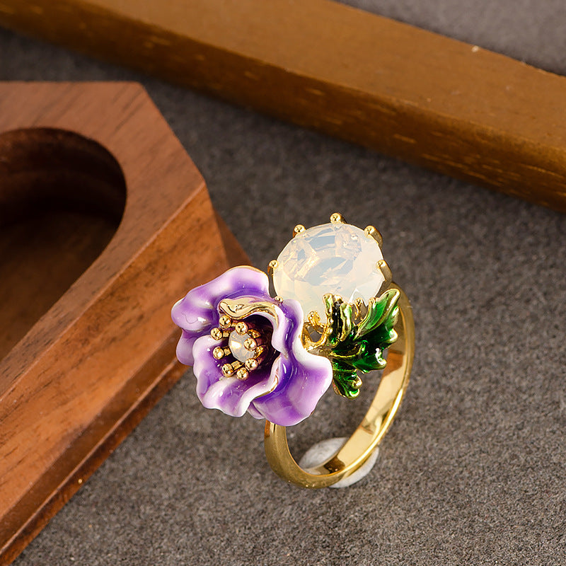 Elegant Floral Adjustable Open Ring With Zirconium For Women