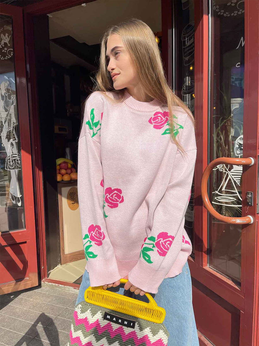 Colorful Rose Knit Sweater Casual Pullover