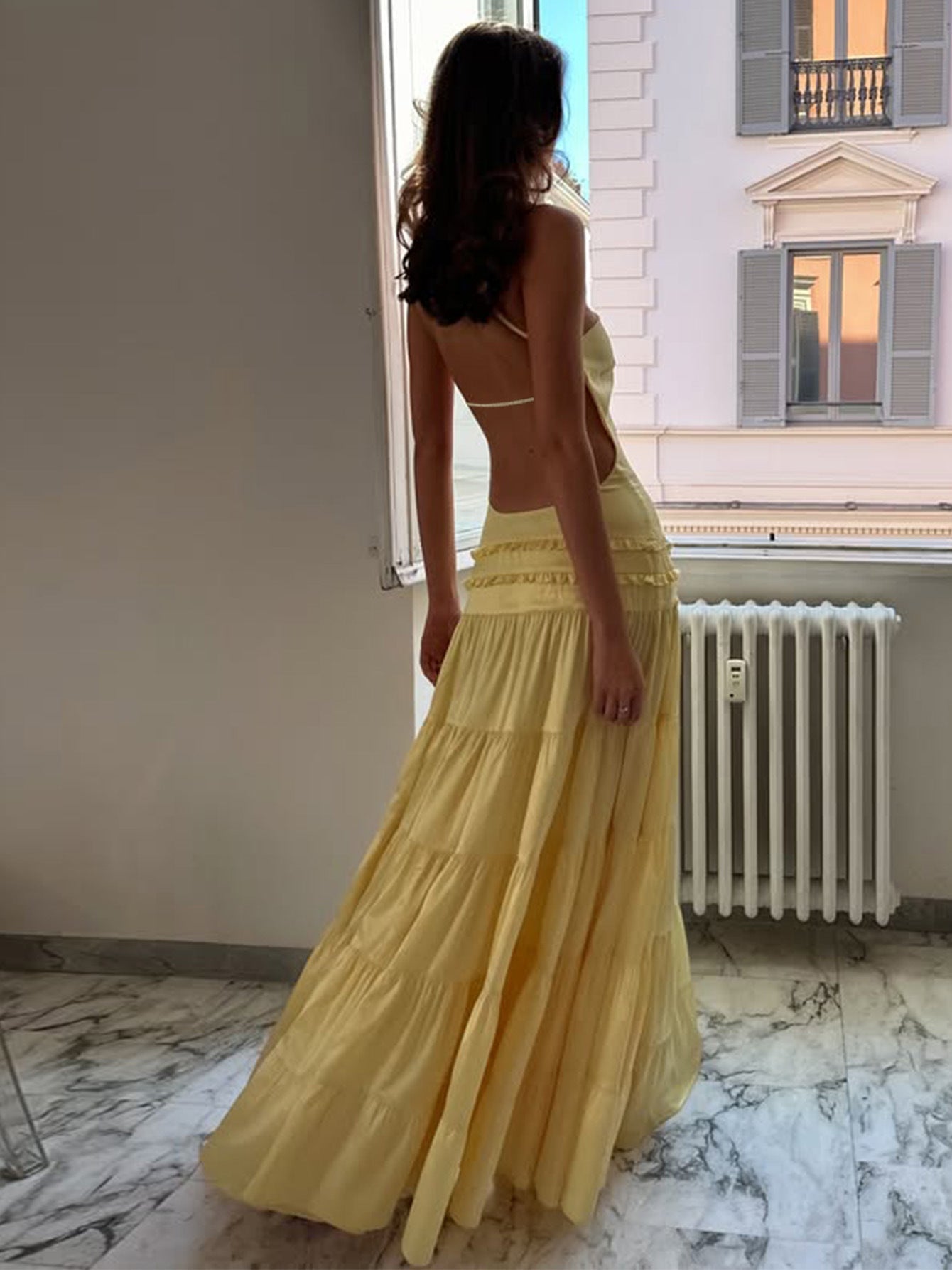 Sexy Hollow Back Tiered One-Shoulder Maxi Dress