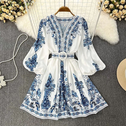 Fall New Women'S Fashion V-Neck Long Sleeve Bohemian Print Dress