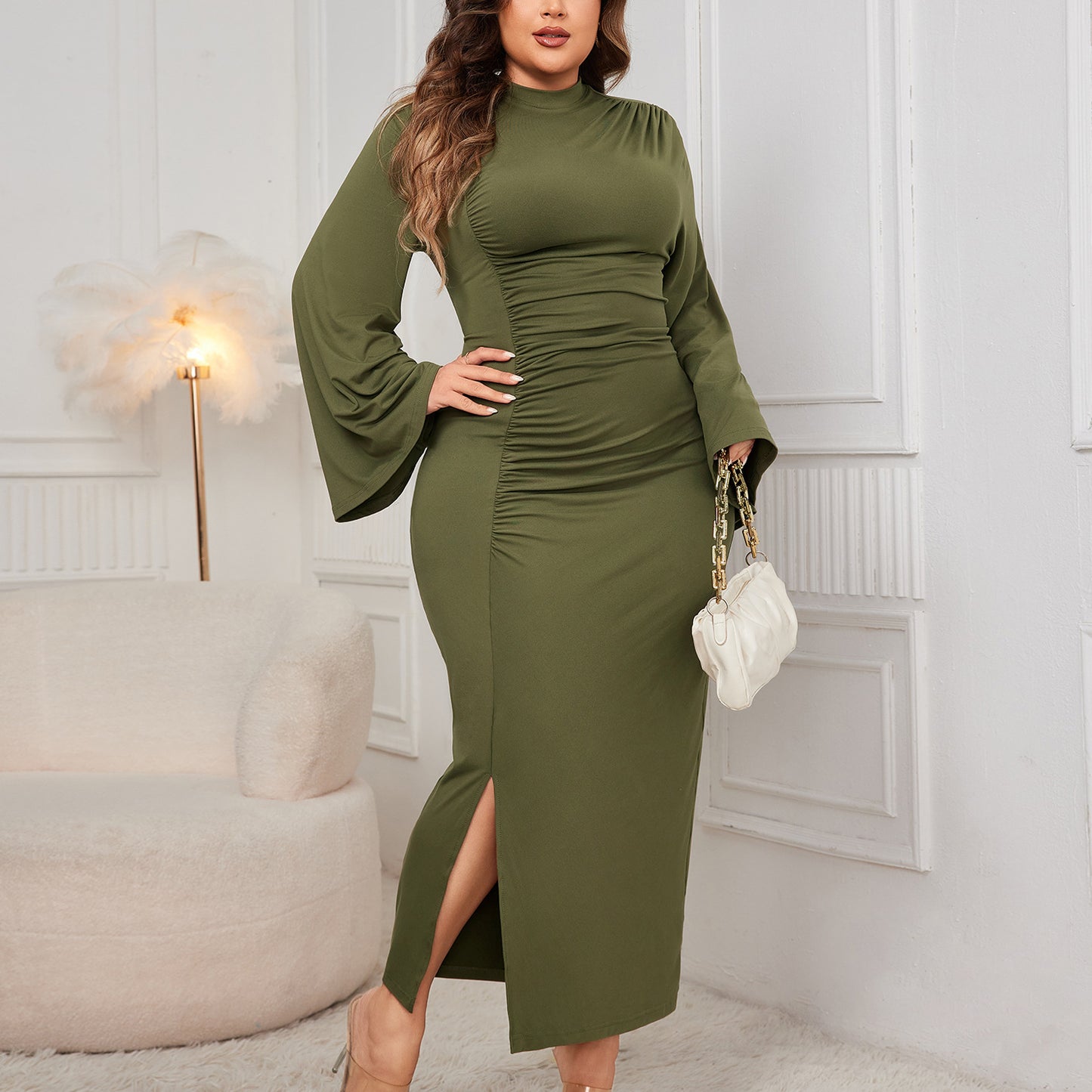 Solid Color High Neck A-Line Maxi Dress with Belt