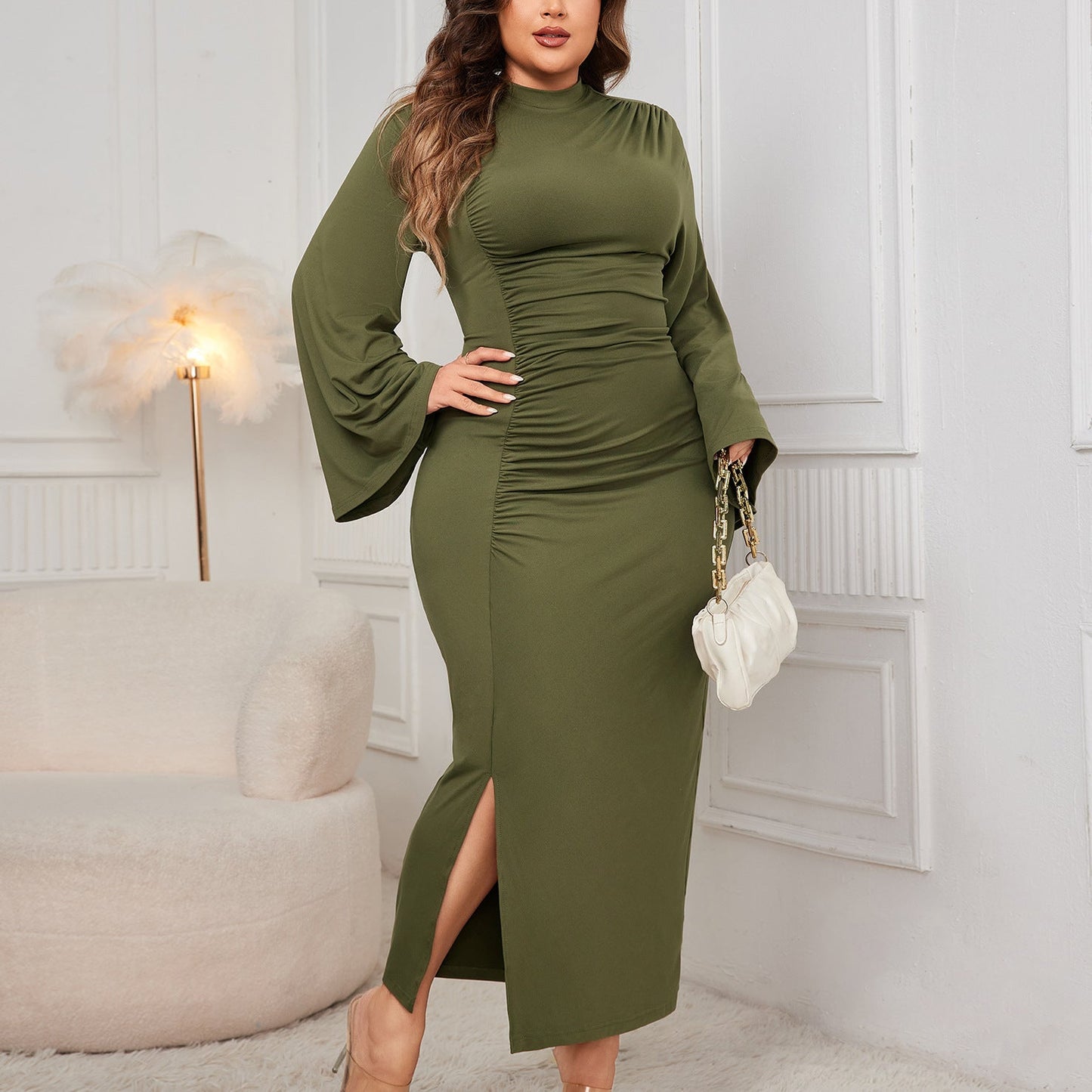Solid Color High Neck A-Line Maxi Dress With Belt