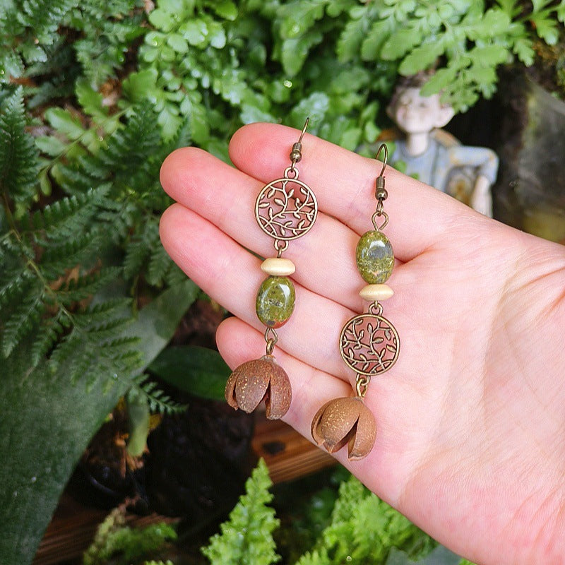 Vintage Leaf Design Handmade Earrings with Natural Green Stone