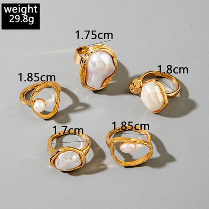 Geometric Baroque Pearl Ring Set With Floral Design