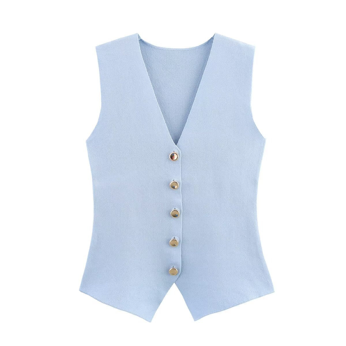 Knit Button Down Sleeveless V-Neck Tank Top
