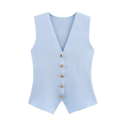 Knit Button Down Sleeveless V-Neck Tank Top