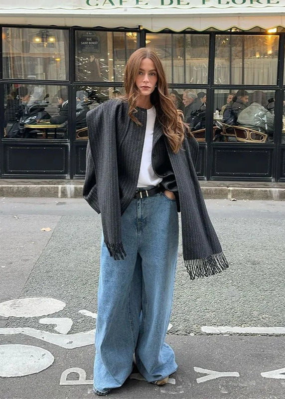 Pinstripe Scarf Coat Soft Structured Fabric