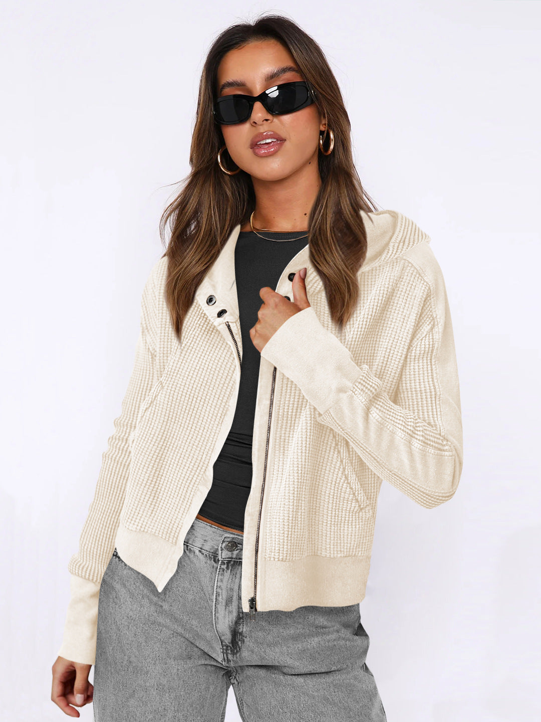 Zipper Front Hoodie Casual Chic Loose-Fit Sweatshirt