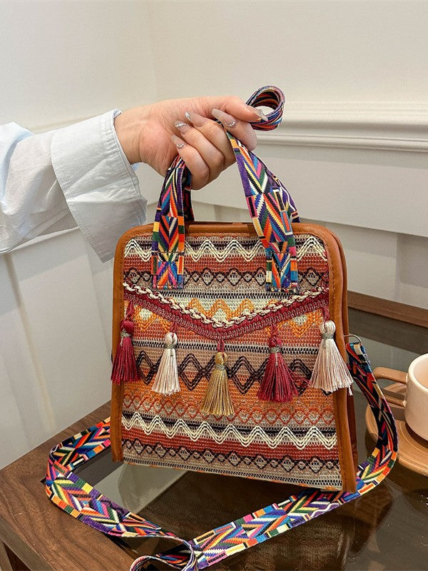 Ethnic Style Tassel Shoulder Bag Trendy Chic Fabric Crossbody Bag