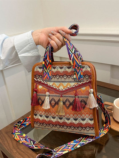 Ethnic Style Tassel Shoulder Bag Trendy Chic Fabric Crossbody Bag