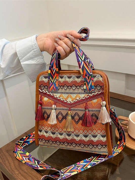 Ethnic Style Tassel Shoulder Bag Trendy Chic Fabric Crossbody Bag