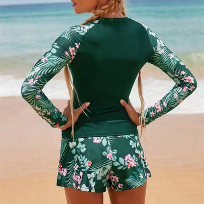New Swimwear Long Sleeved Digital Printed Conservative Women'S Split Bikini Swimwear