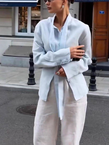 French Style Lightweight Cotton Linen Shirt with Tie Detail