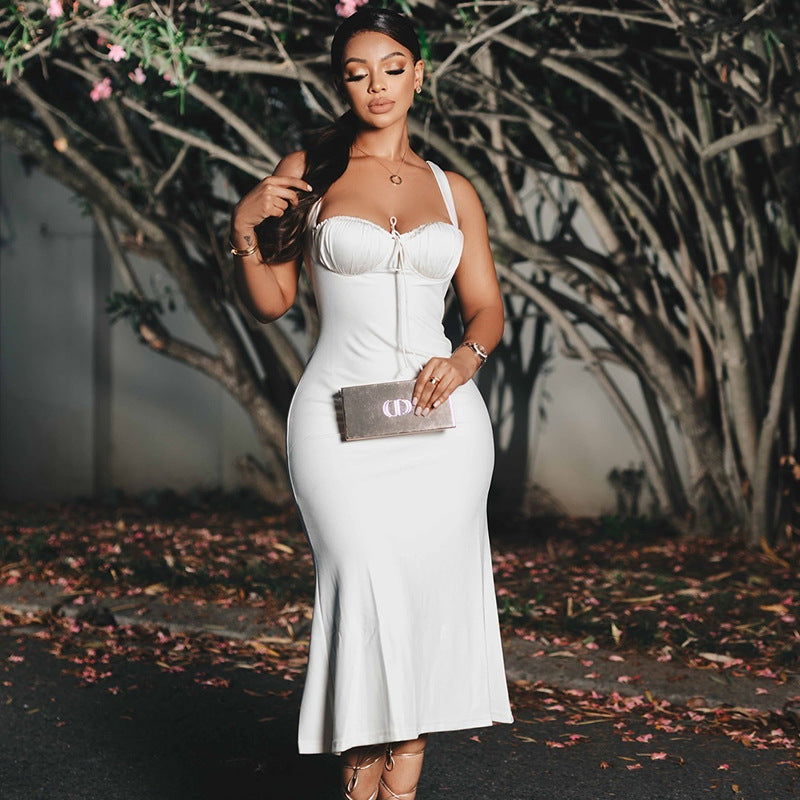 Elegant Solid Color Fish Tail Dress With Spaghetti Straps