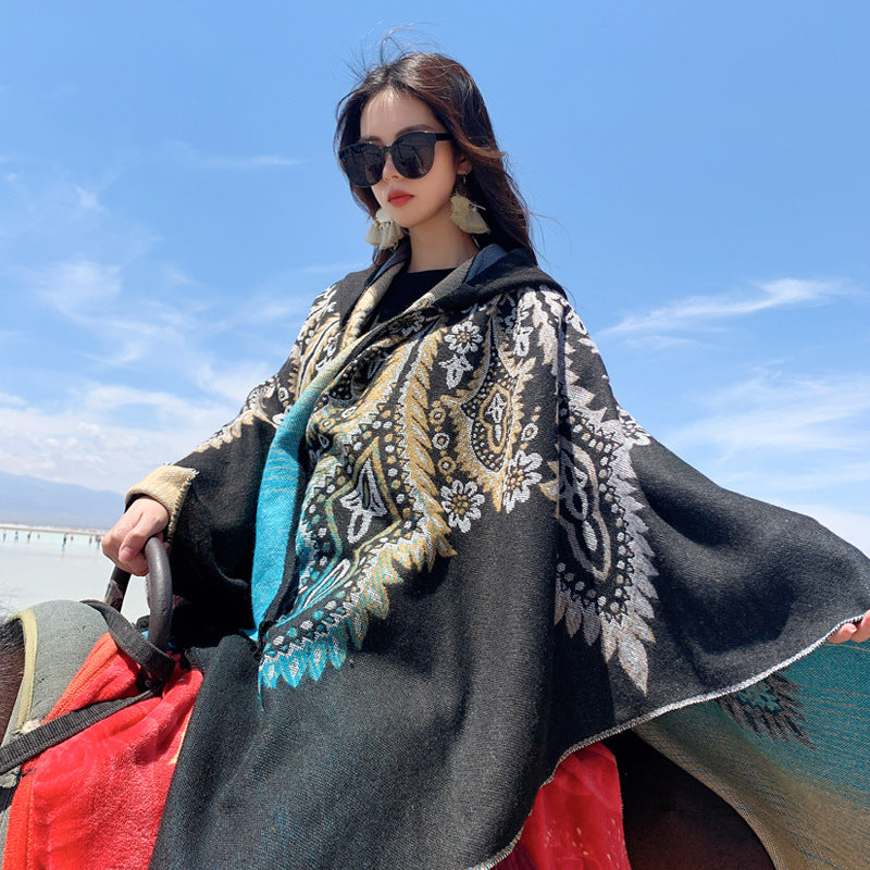 Autumn And Winter Hooded Shawl, National Style Dual-Purpose Warm Scarf