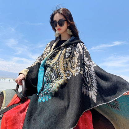 Autumn And Winter Hooded Shawl, National Style Dual-Purpose Warm Scarf