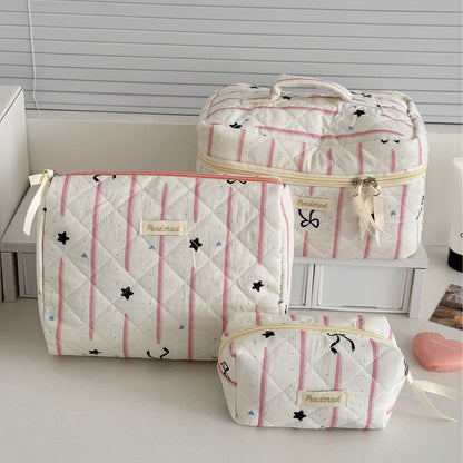 Bow Flower Large Capacity Makeup Bag Vintage Quilted Toiletry Pouch