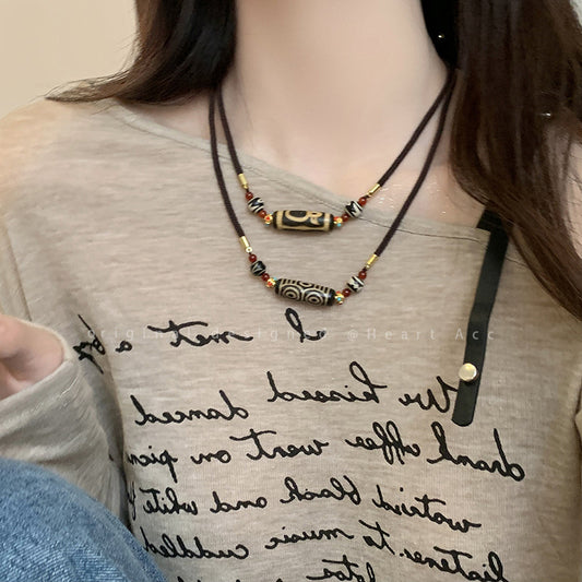 Ethnic Style Tibetan Style Nine-Eyed Dzi Necklace Women'S Niche Design Emotional Couple Accessories New Chinese Vintage Sweater Chain