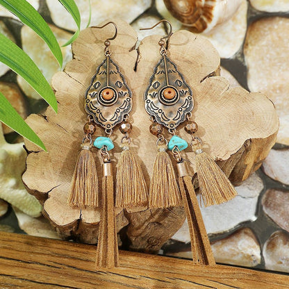 Vintage Ethnic Style Creative Brown Earrings with Turquoise Tassels