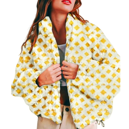 Color Block Plaid Stand Collar Shearling Jacket