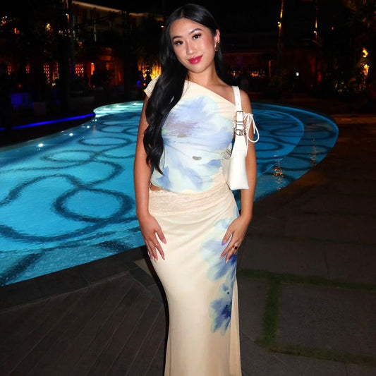 Floral Print Asymmetrical Top With Tie Back And Slim Fit Midi Skirt Set