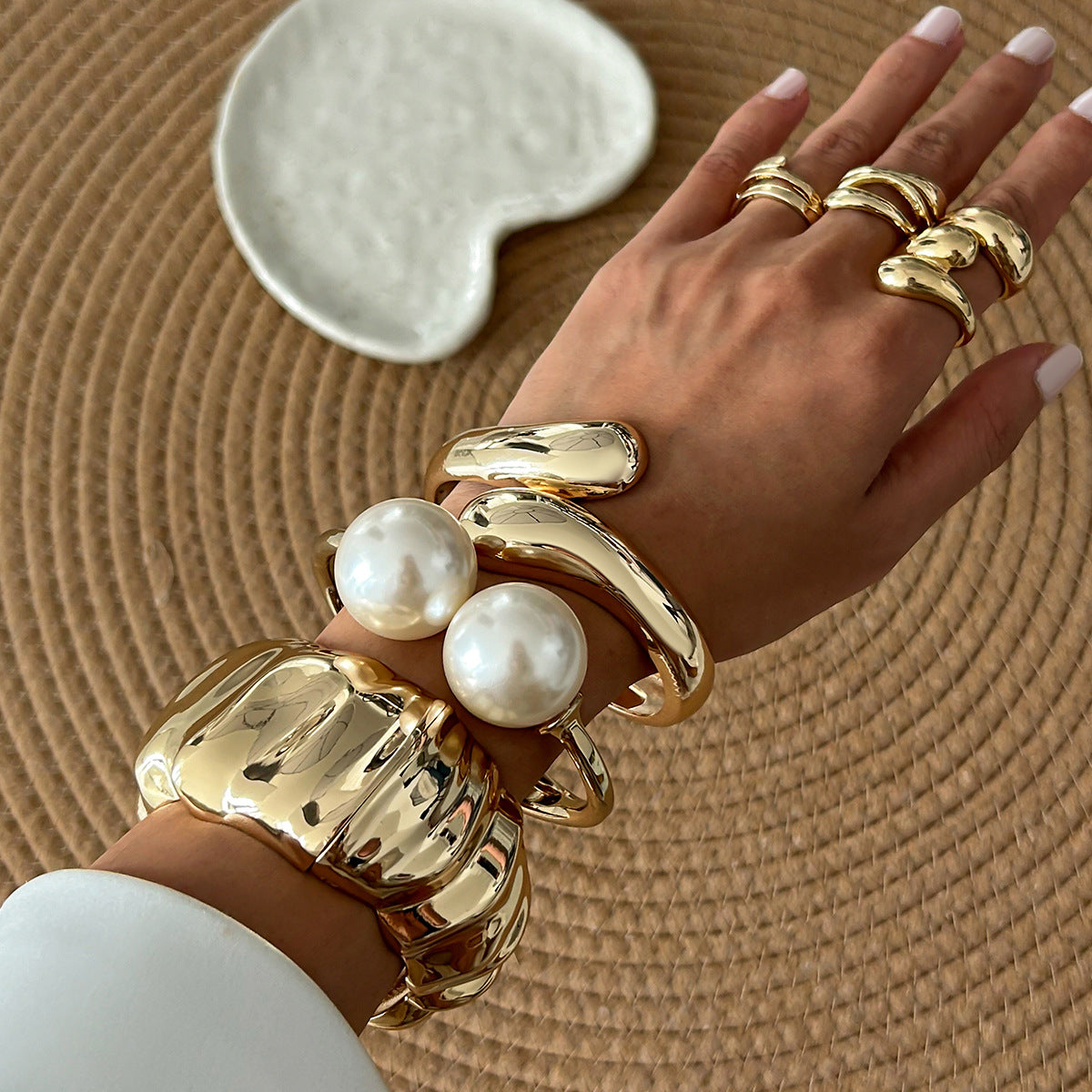 Baroque Style Large Pearl Stacking Bracelet Non-Regular Cuff Bangle For Women