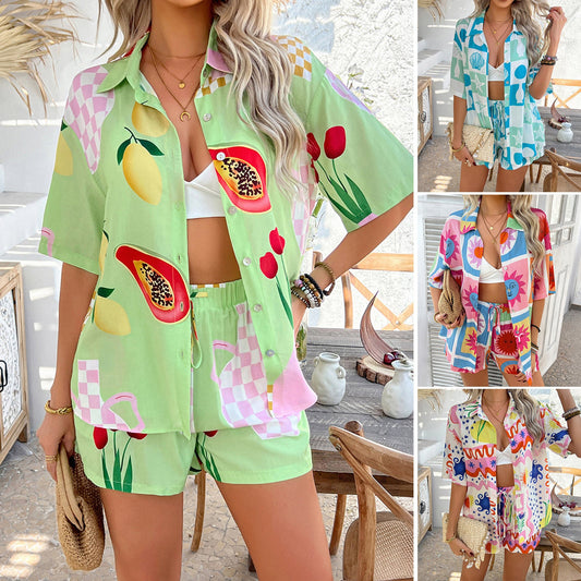 Bohemian Casual Color Block Printed Short Pants Set