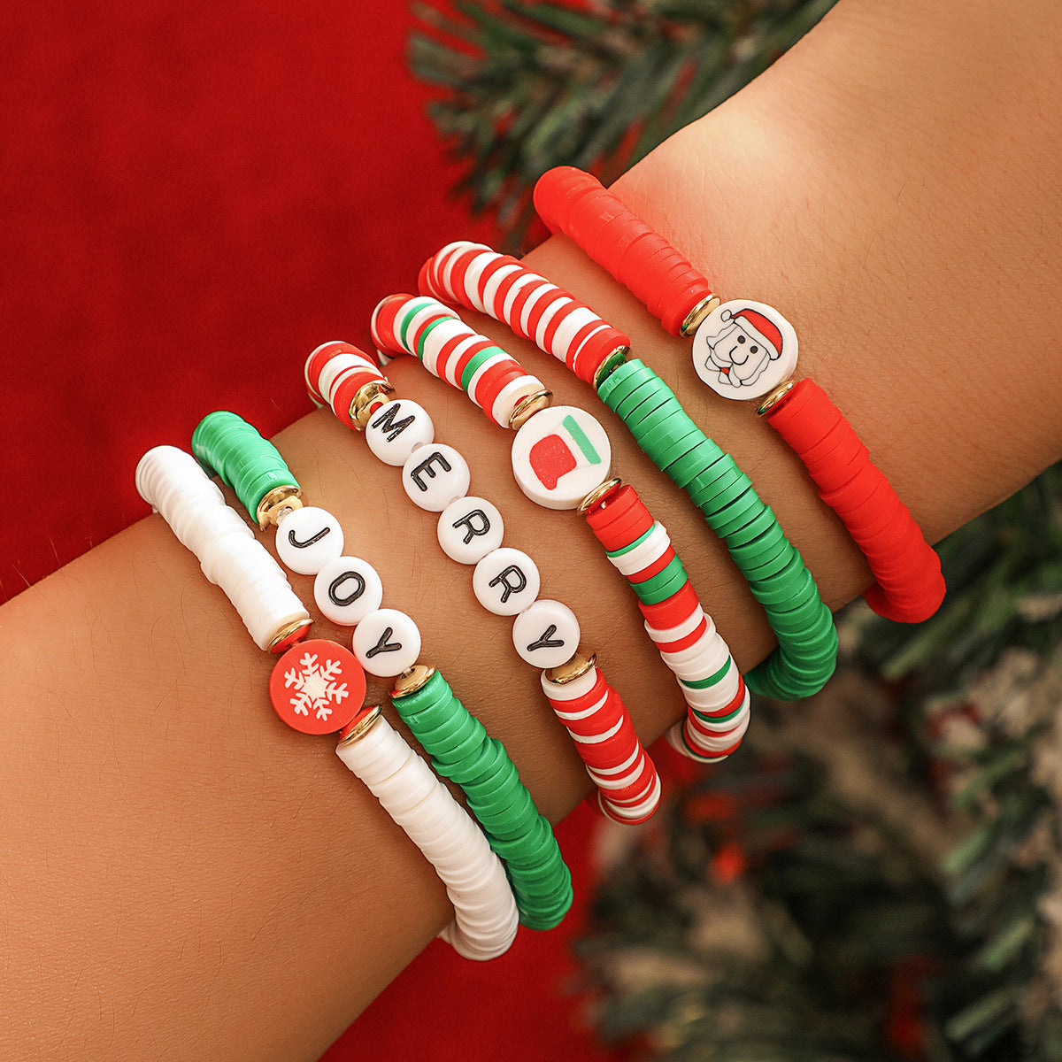 Christmas Themed Polymer Clay Bead Bracelet Set
