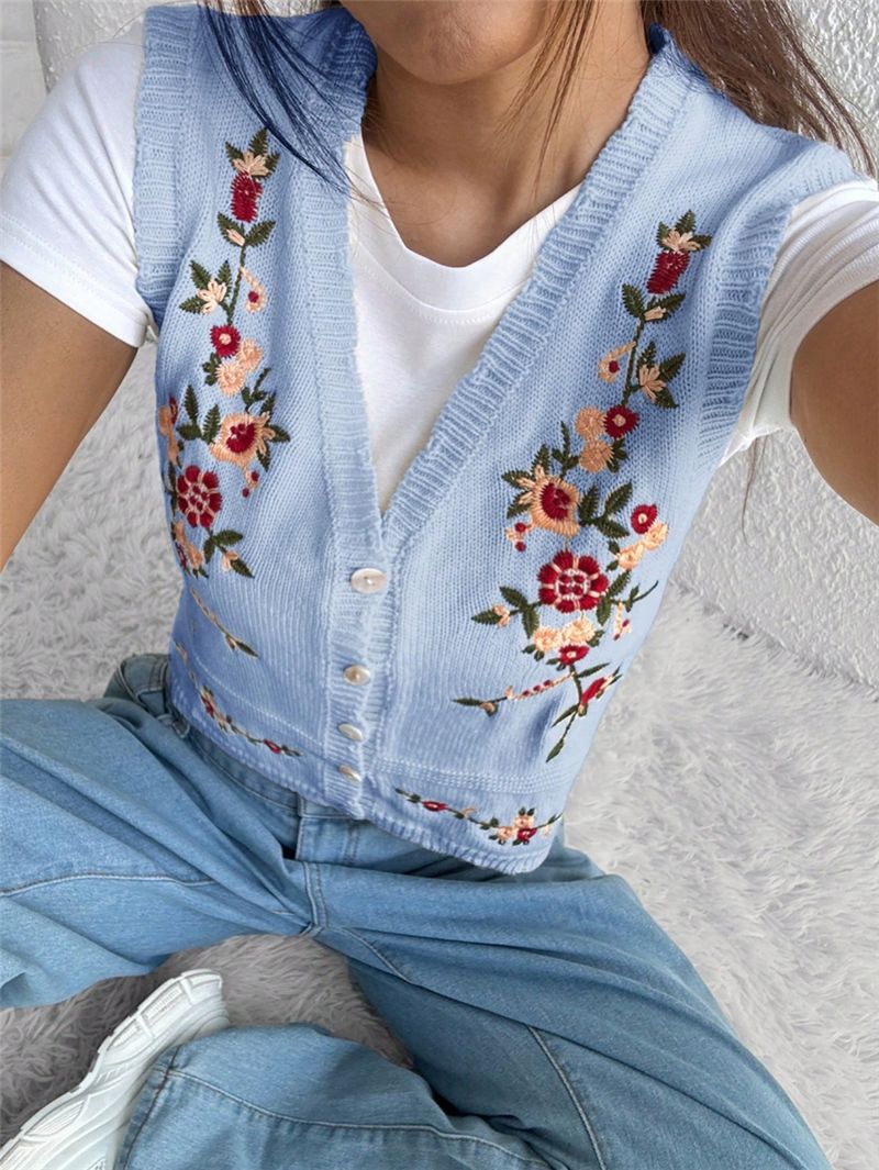 Floral Embroidery V-Neck Knit Sweater Vest