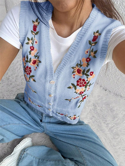 Floral Embroidery V-Neck Knit Sweater Vest