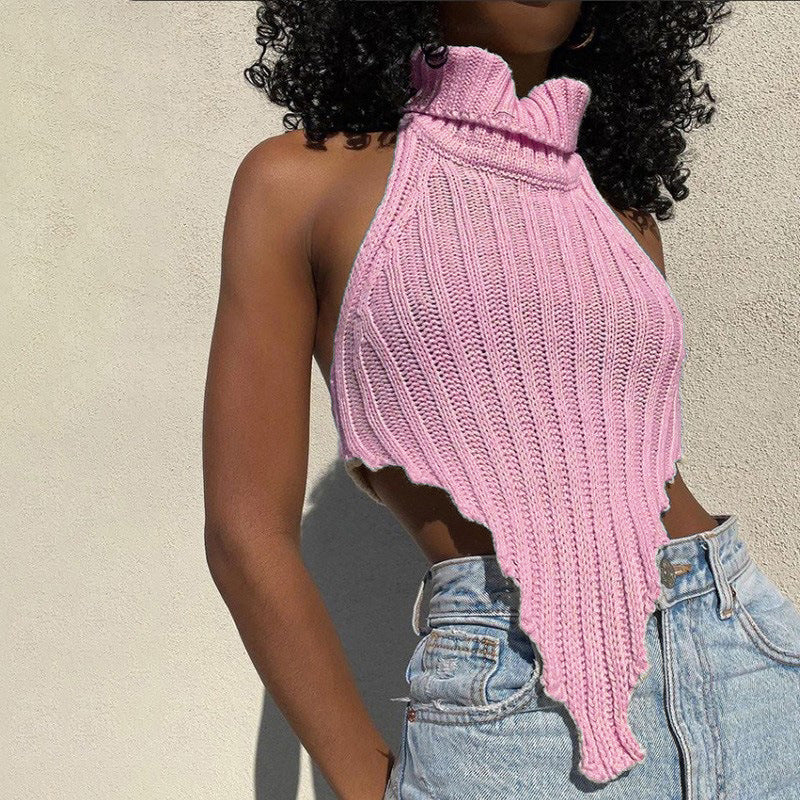 Sexy Backless Solid Color Turtleneck Irregular Knitted Vest